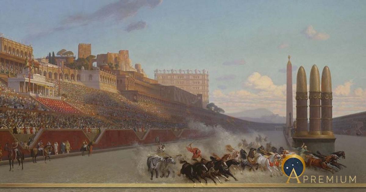 Chariot race in Rome's Circus Maximus, as if seen from the starting gate. The Palatine Hill and Imperial palace are to the left, by Jean Léon Gérôme (1876) (Public Domain)