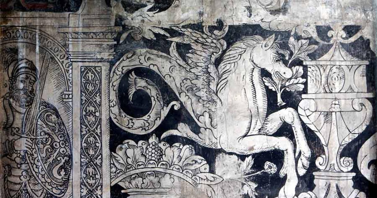 Part of a Tudor wall painting inside the Charterhouse priory, Coventry, England. Source: Charterhouse Coventry