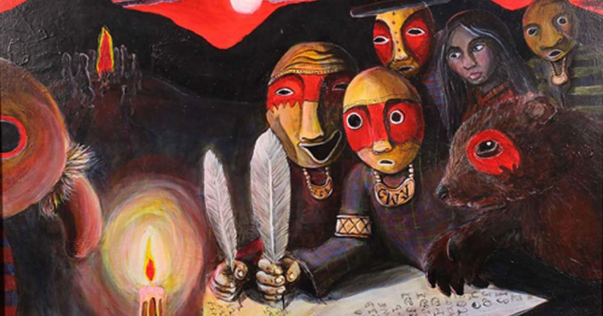 Joseph Erb’s painting “Petition” recalls the role of creation figures as observers in the transcription of Cherokee Indian history.