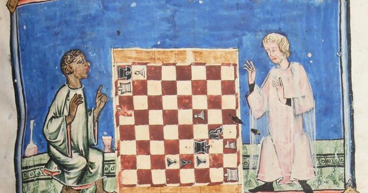 A Black chess player about to win against a light-skinned cleric. Chess problem 88 in the Libro de axedrez,