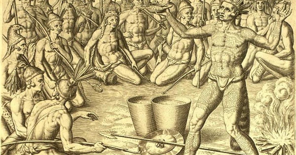 Chief Saturiwa prepares his men for battle during a ceremony involving the black drink. 