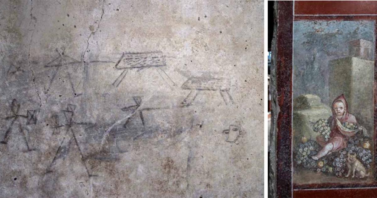 Left, Childlike graffiti found at Insula dei Casti Amanti site, Pompeii.              Source: Pompeii Sites