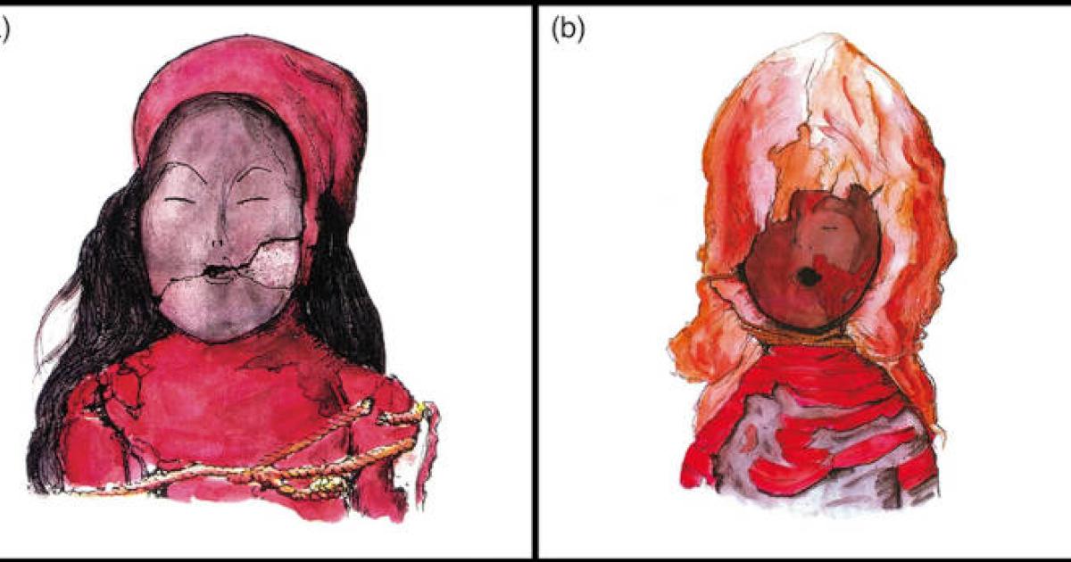 Watercolors of red (left) and bandage (right) style Chinchorro child mummies.