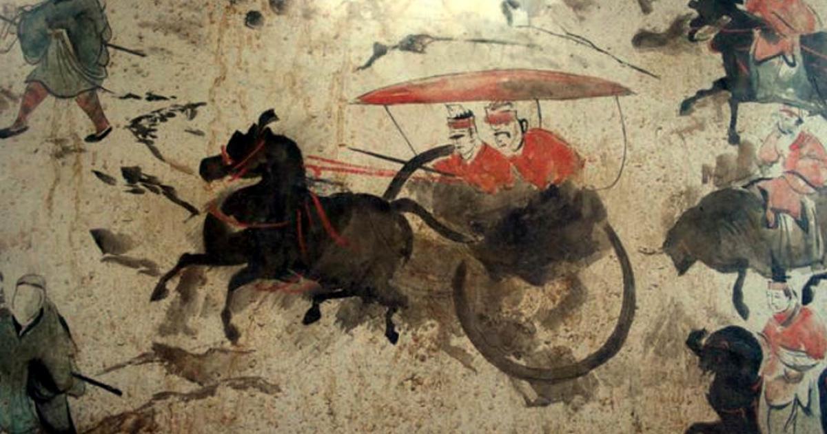 A section of a Chinese Eastern Han Dynasty (25–220 AD) fresco of 9 chariots, 50 horses, and over 70 men, from a tomb in Luoyang, China, which was once the capital of the Eastern Han.
