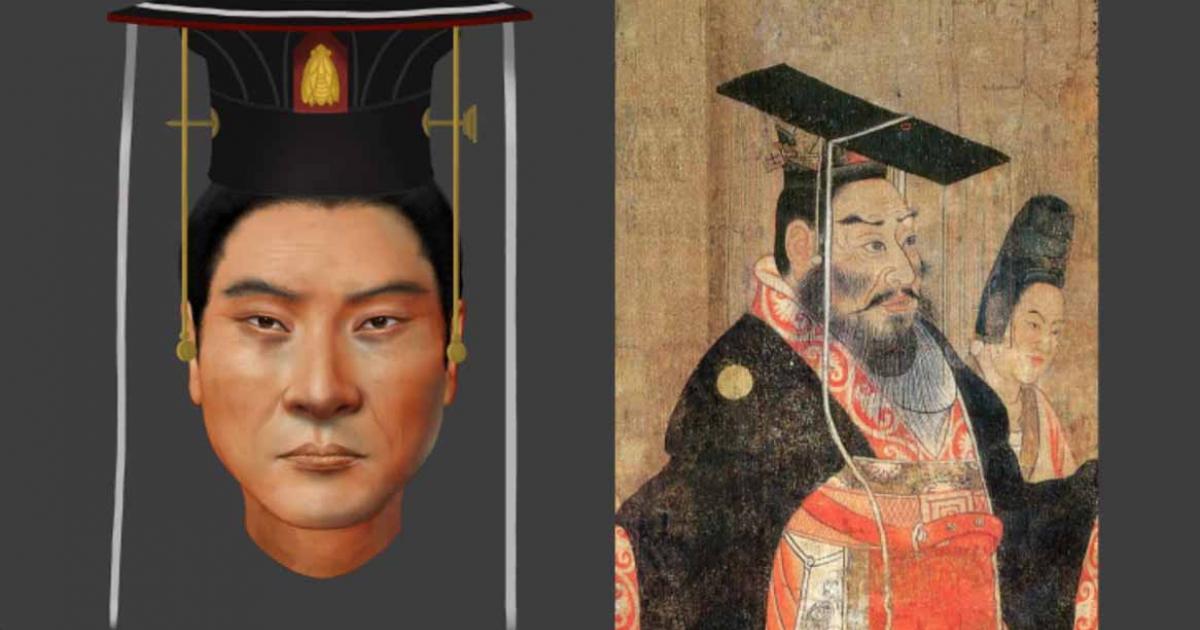 Not quite like the painting: the reconstructed face of Chinese Emperor Wu using DNA extracted from his remains, and the portrait of Emperor Wudi in the Thirteen Emperors Scroll. Source: Pianpian Wei / Current Biology.