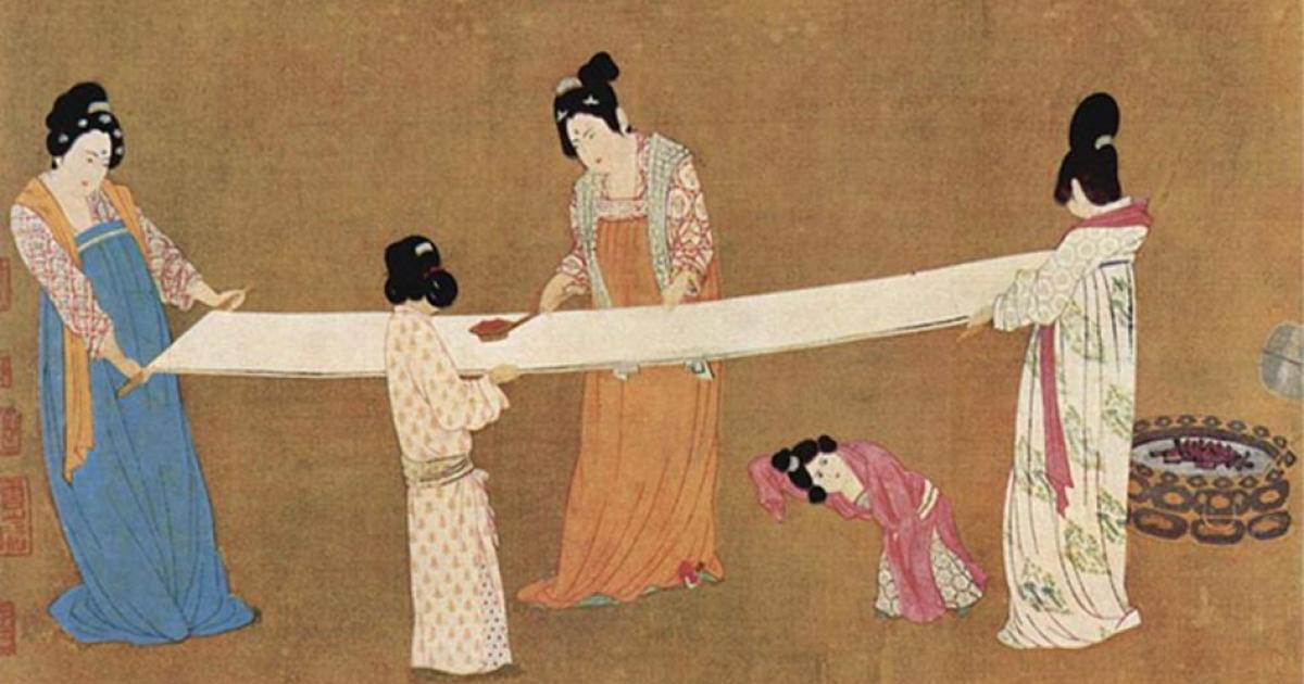 A painting depicting women inspecting silk, early 12th century, ink and color on silk, by Emperor Huizong of Song.
