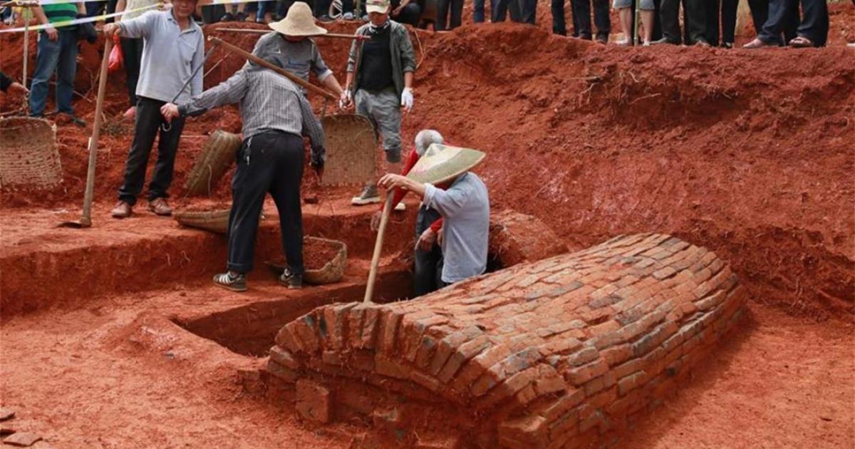 Photo taken on May 17, 2020 shows the excavation site of the ancient Chinese couple’s tomb dating back to the Northern Song Dynasty (960-1127) in Nanfentang Village, Batang Township, Ningxiang City, central China's Hunan Province.            Source: Xinhua / Liu Jing