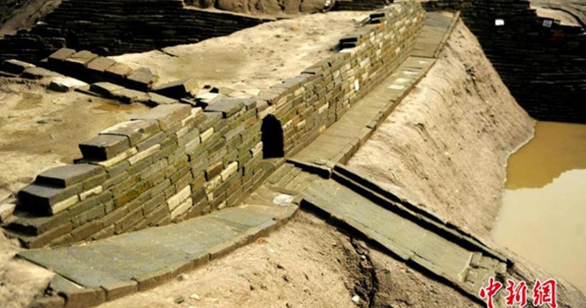 The ruins of a classical Chinese garden landscape of the Tang Dynasty (618-907 AD) uncovered at a construction site in Chengdu, Sichuan province, China.