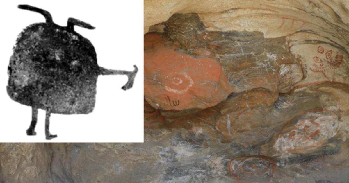 Frontal photographs of the Tangbaletasi Cave Paintings. Inset, sketch of Bell-shaped anthropomorphic motifs associated with the Chemurchek Culture.