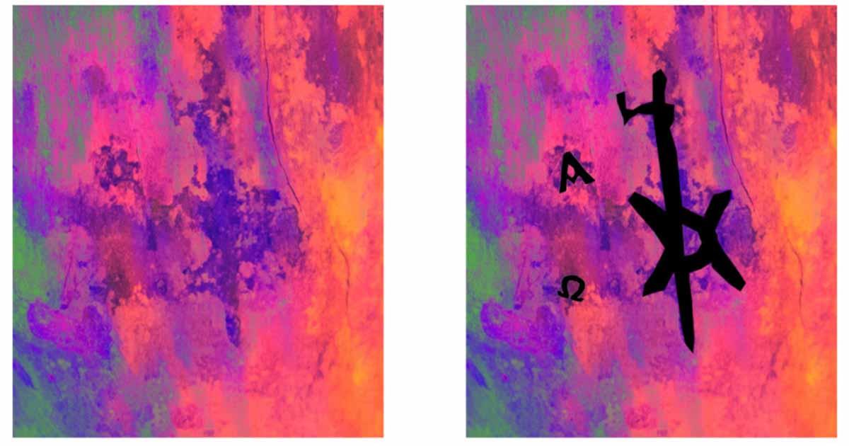 Images of the Christogram tattoo on the dorsal (top) side of the right foot. Picture was taken with a full spectrum camera and digital enhanced using ImageJ software with a DStretch plugin. Source: Kari A. Guilbault/PCMA UW 
