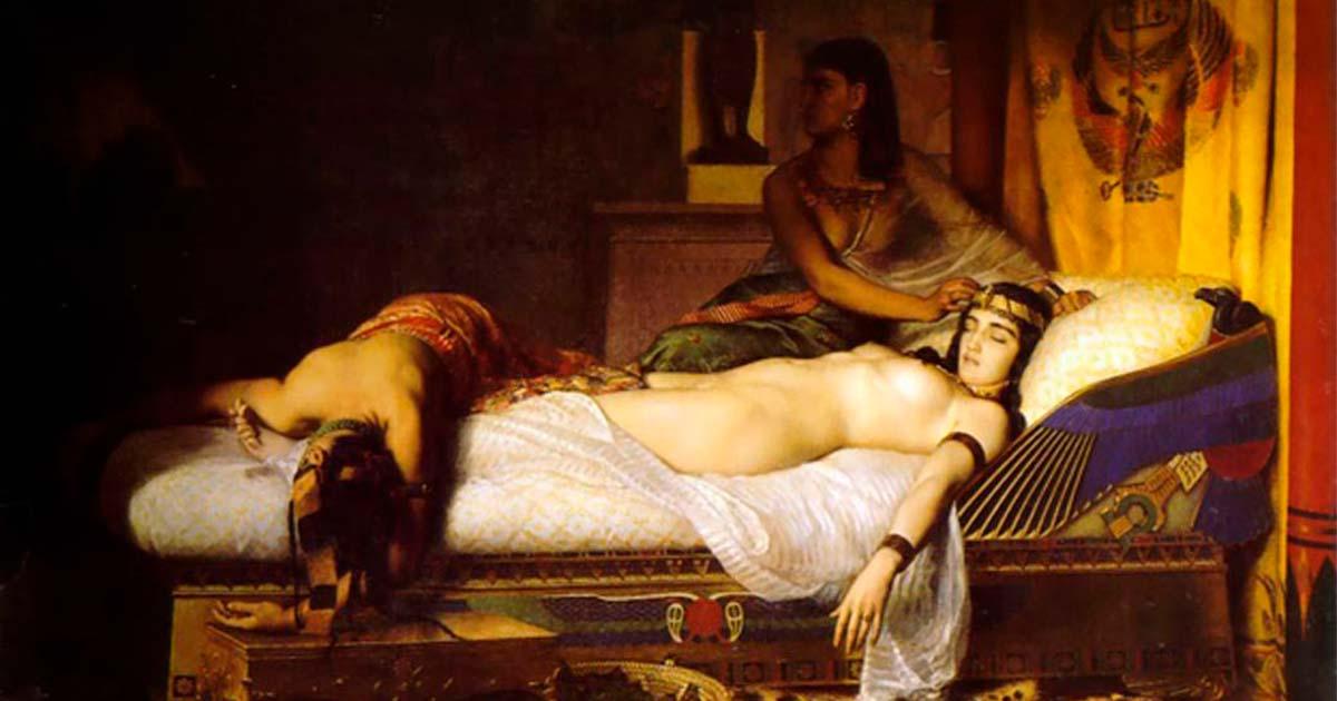 Cleopatra’s Death as depicted in a painting entitled ‘The Death of Cleopatra’ by Jean-André Rixens. Source: Public domain