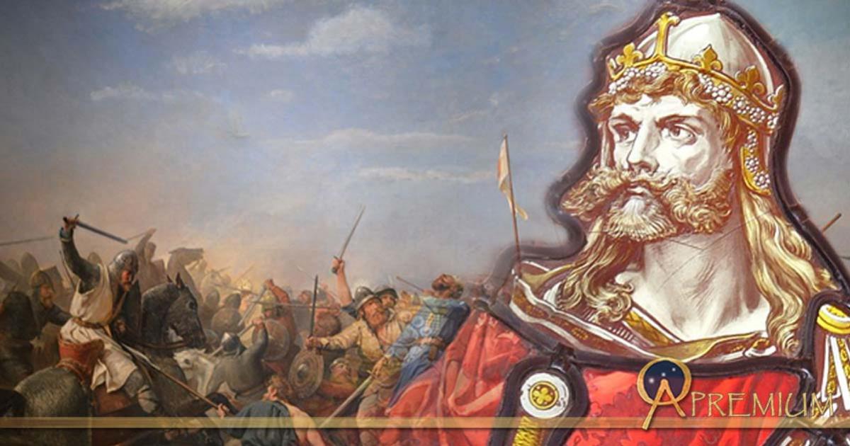 Stained Glass of King Harald (Colin Smith/CC BY-SA 2.0) and Battle of Stamford Bridge by Peter Nicolai Arbo