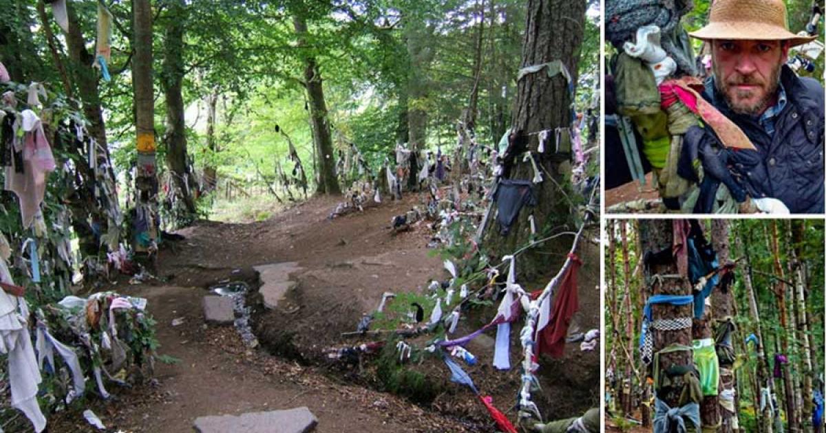 Left, Clootie Well site before the unauthorized clean-up; Right Ashley Cowie at the site	Source: Left, F Leask / CC BY-SA 2.0; Right, @ashleycowie