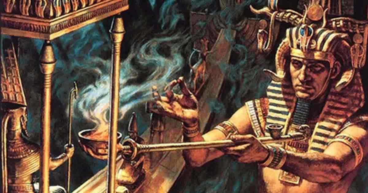 An artist’s imaginary depiction of a pharaoh burning herbs in a ritual. Source: Fair use