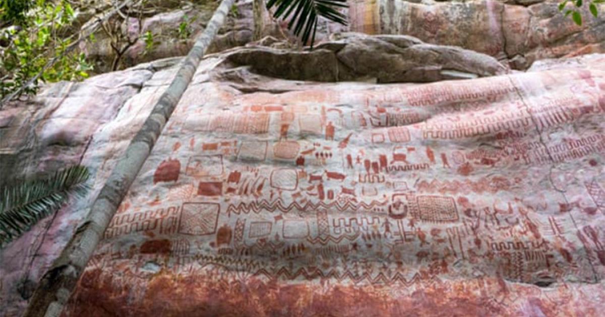 A cliffside Ice Age Colombian art “mural,” discovered in 2019, that simply boggles the mind in its size and extreme location!    Source: Marie-Claire Thomas / Wild Blue Media Ltd