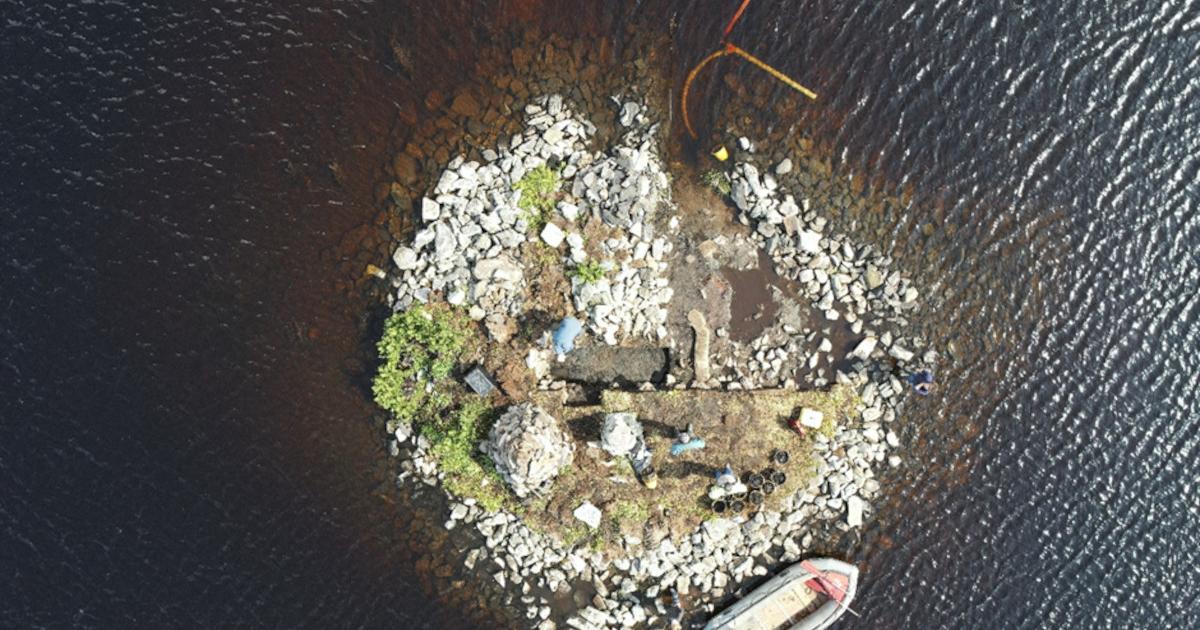 Aerial view of the Loch Bhorgastail crannog on the Isle of Lewis, Scotland