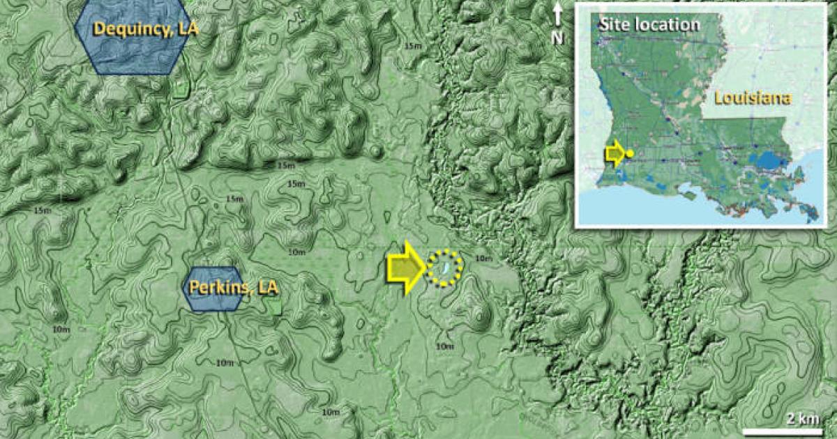 Louisiana airburst crater depression showing impact evidence from 12,800 years ago. The lake is located east of Perkins, LA