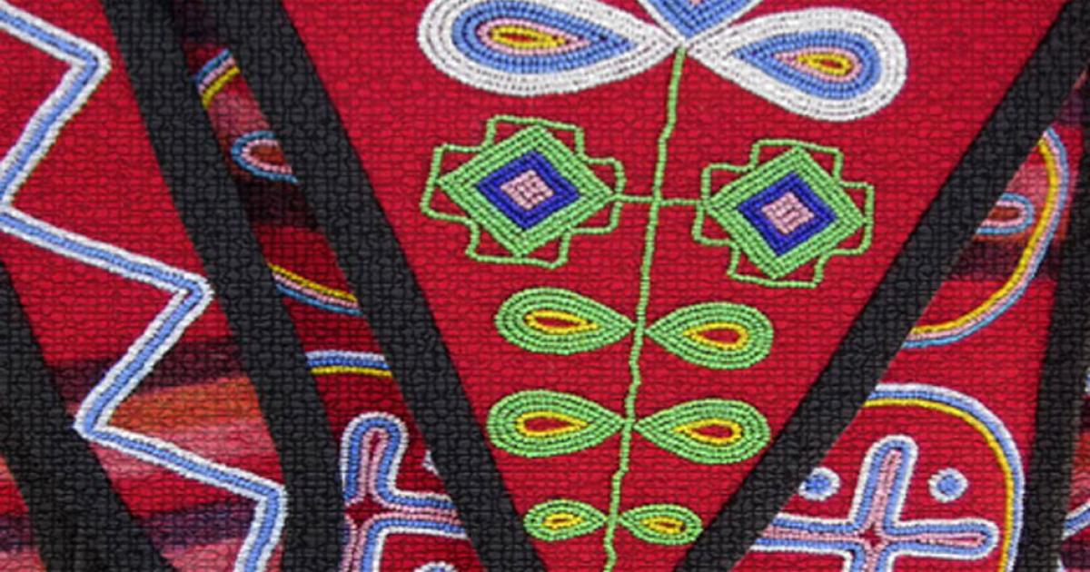 Creek beadwork. Beads and wampum were important in ritual and as currency among Native American groups. Wampum is made of sea shells. 