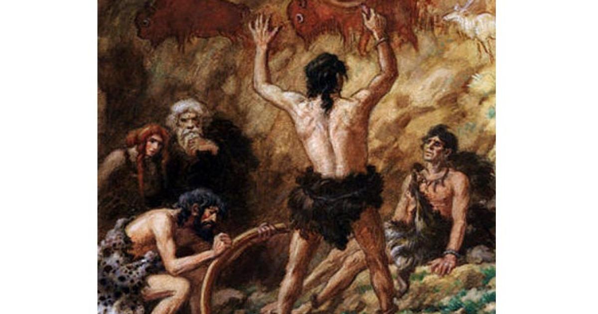 Cro-Magnon man communicating with each other and producing cave drawings 