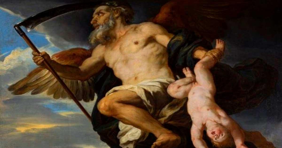 The mythological painting Cronus and his child by Giovanni Francesco Romanelli, which in some myths has Cronus eating his children to take their "time,” because he somehow ended up as the “model” for Father Time. Source: Giovanni Francesco Romanelli / Public domain