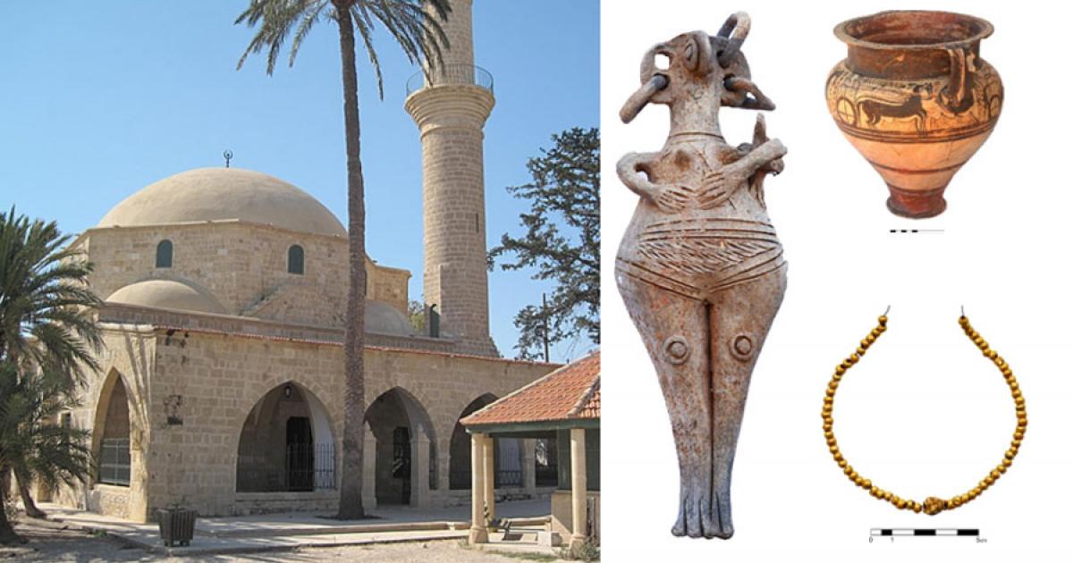 Left, Hala Sultan Tekke, Larnca, Cyprus. Right; Assorted artifacts found at the Hala Sultan Tekke site.	Source: Left; Dickelbers, CC BY-SA 3.0. Right; Peter Fischer, Teresa Bürge / University of Gothenburg