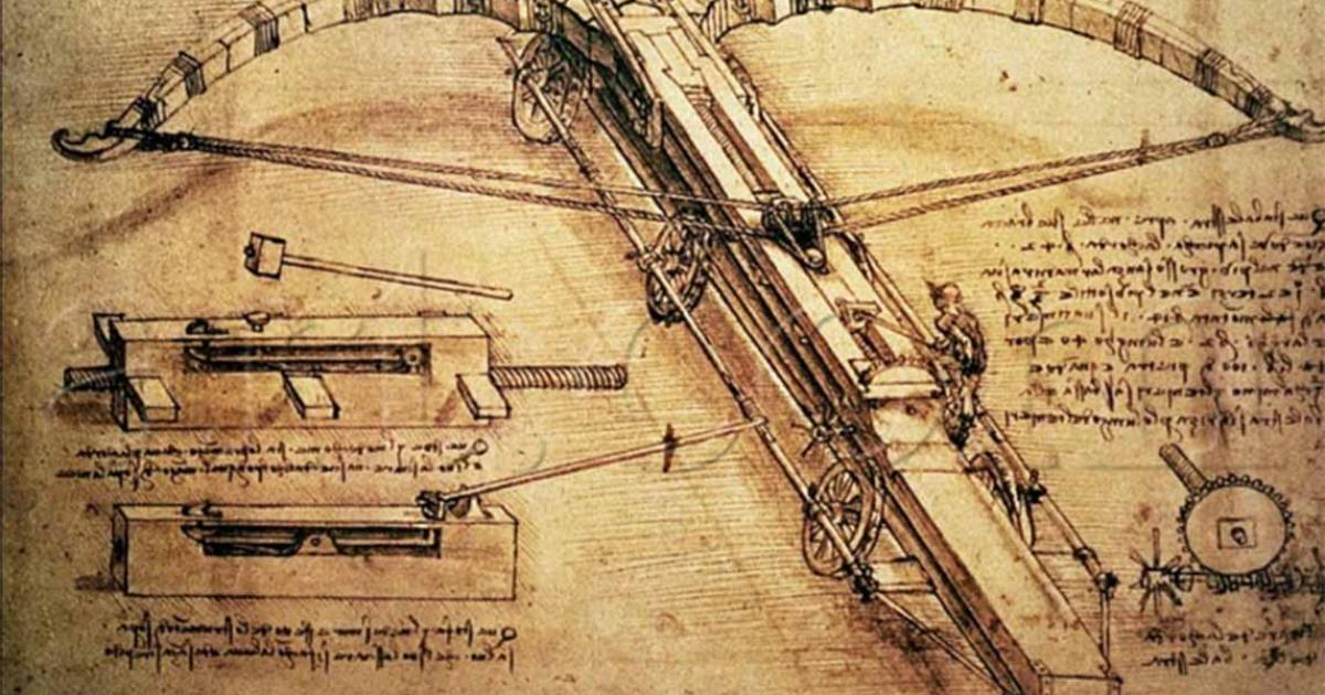Leonardo da Vinci’s sketch of his invention of the giant crossbow. Public Domain