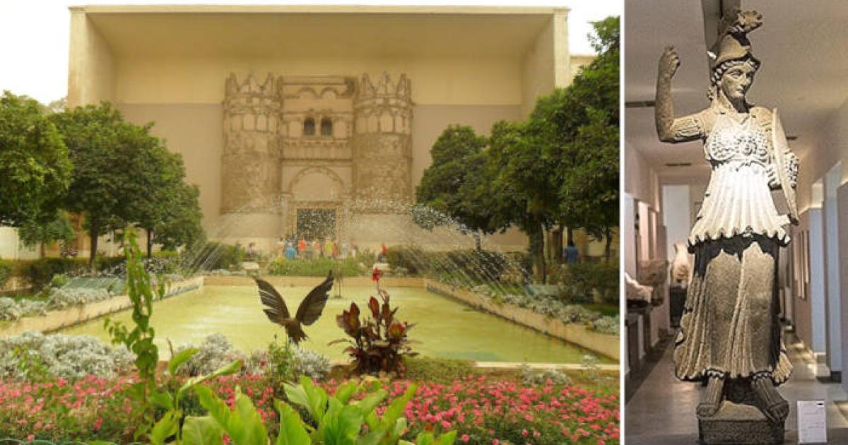 The Syria National Museum in Damascus and one of its exhibit pieces.