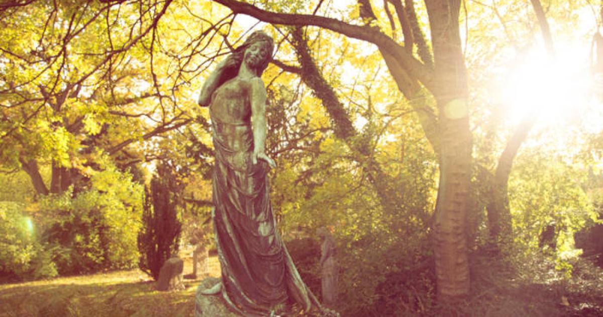 Statue in Danish graveyard, struck by golden sunlight.