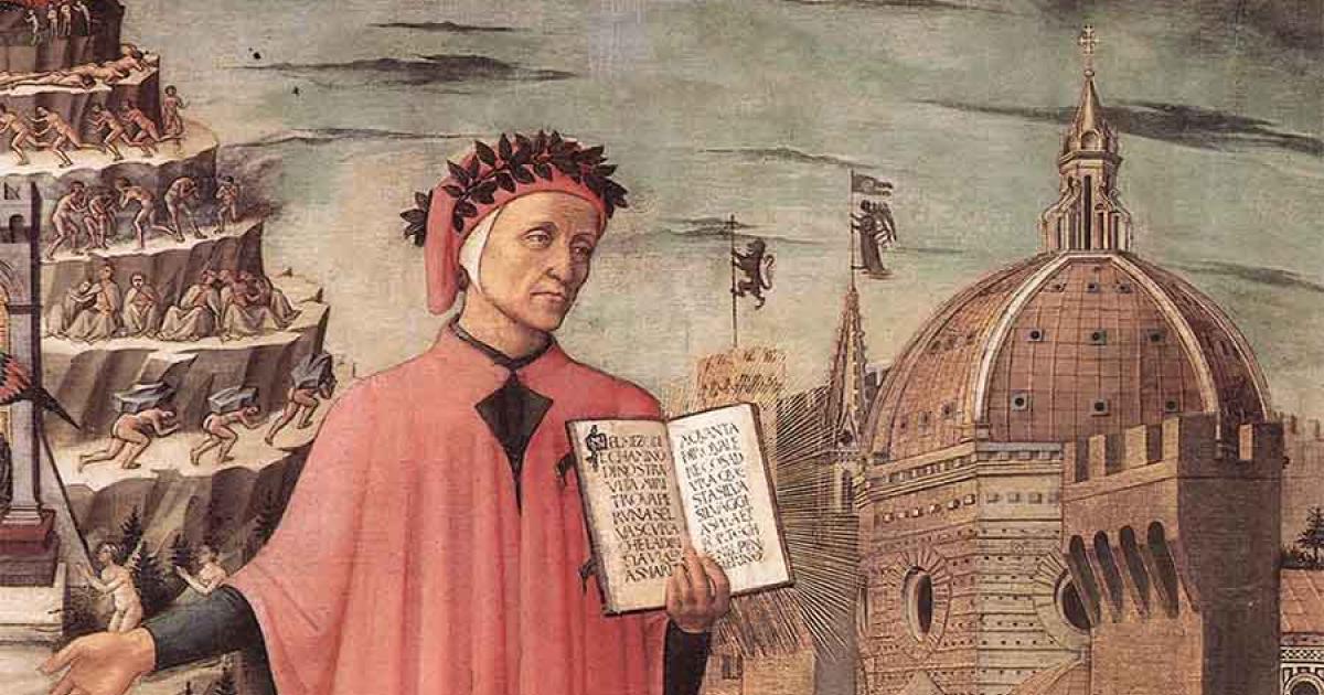 Detail of Dante, between the mountain of Purgatory and the city of Florence by Domenico di Michelino. Source: Public domain