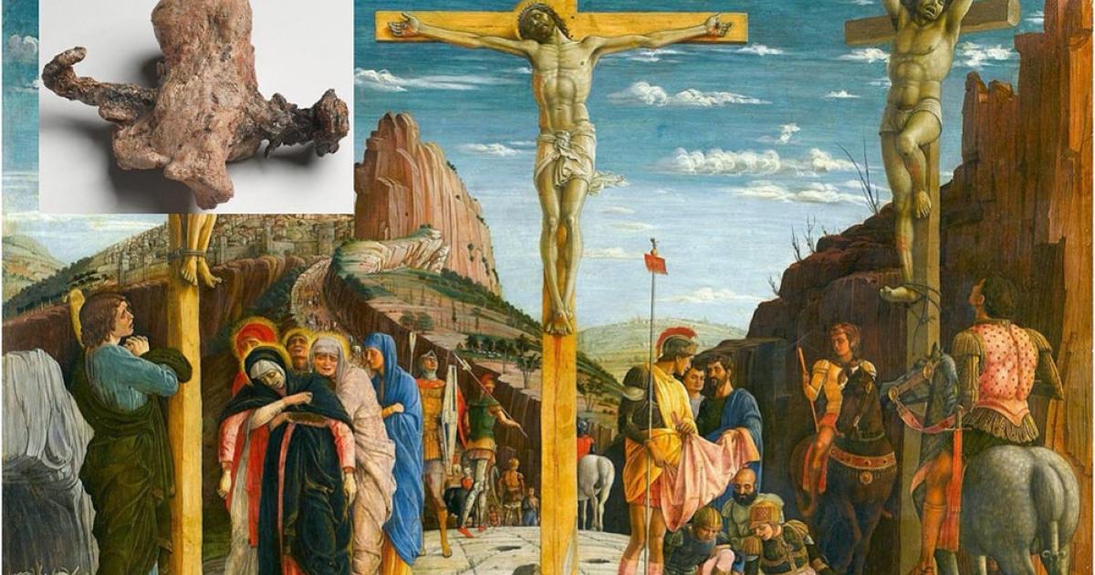 Main: depiction of the crucifixion/death of Jesus Christ and the thieves, Gestas and Dismas. (Andrea Mantegna / Public domain).        Inset: The calcaneus of Yehohanon ben Hagkol, with transfixed nail. (Israel Museum / Ilan Shtulman)