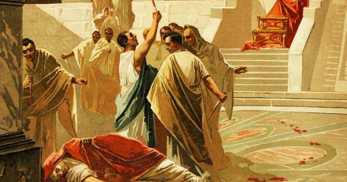 Depiction of one of the deaths of Roman emperors. In this case Roman senators murder Emperor Julius Caesar during a senate meeting. He served as emperor for just over 4 years. Source: Emilio Ereza / Adobe stock