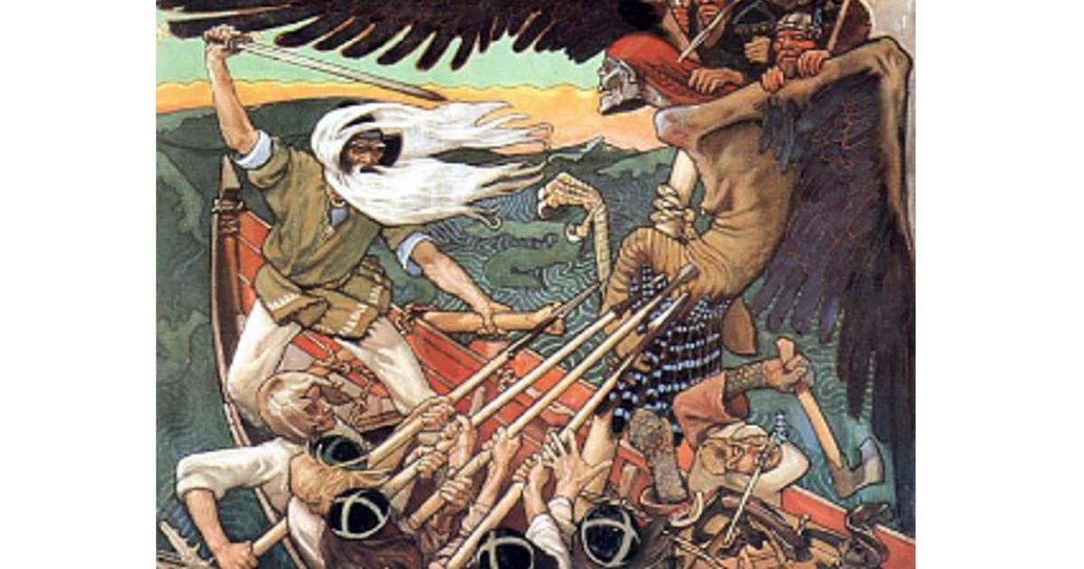 The Defense of the Sampo, by Akseli Gallen-Kallela, shows Louhi in the form of a flying, winged creature. Created in 1895 by unknown artist.