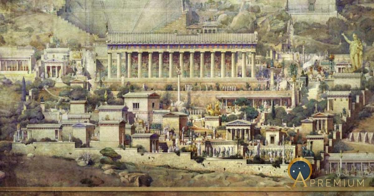 Speculative illustration of ancient Delphi by French architect Albert Tournaire (1894) (Public Domain)