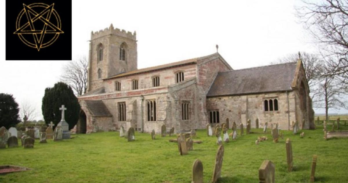 Main: The Church of St Botolph (‘the demon church’), Skidbrooke.       Source: Dave Hitchborne / CC BY-SA 2.0. Inset: Burning flames on a pentagram/satanic symbol. Source: Sunshine Seeds / Adobe stock