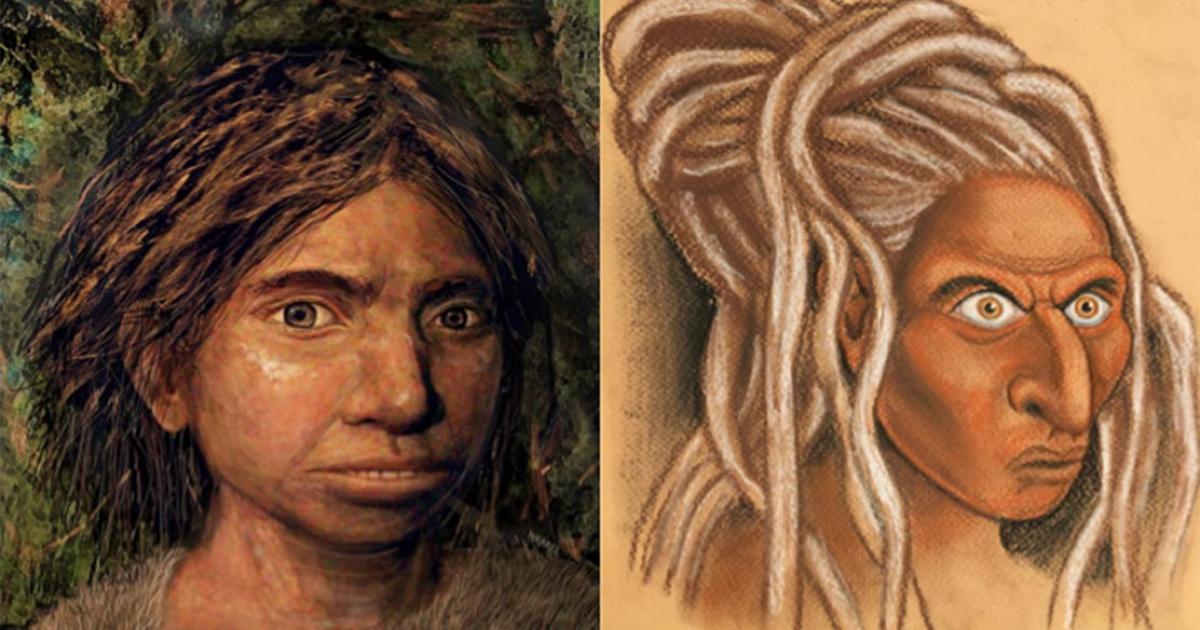 The reconstructed face of a Siberian Denisovan (right) alongside the Hebrew University’s own representation of a Sunda Denisovan (left).            Source: Left © Hernandez/Cartwright/Collins; b) © Maayan-Harel)