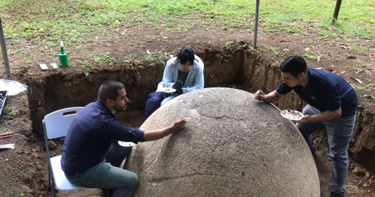 Stone spere excavated in the Diquis Delta of Costa Rica, being restored.            Source: INAH