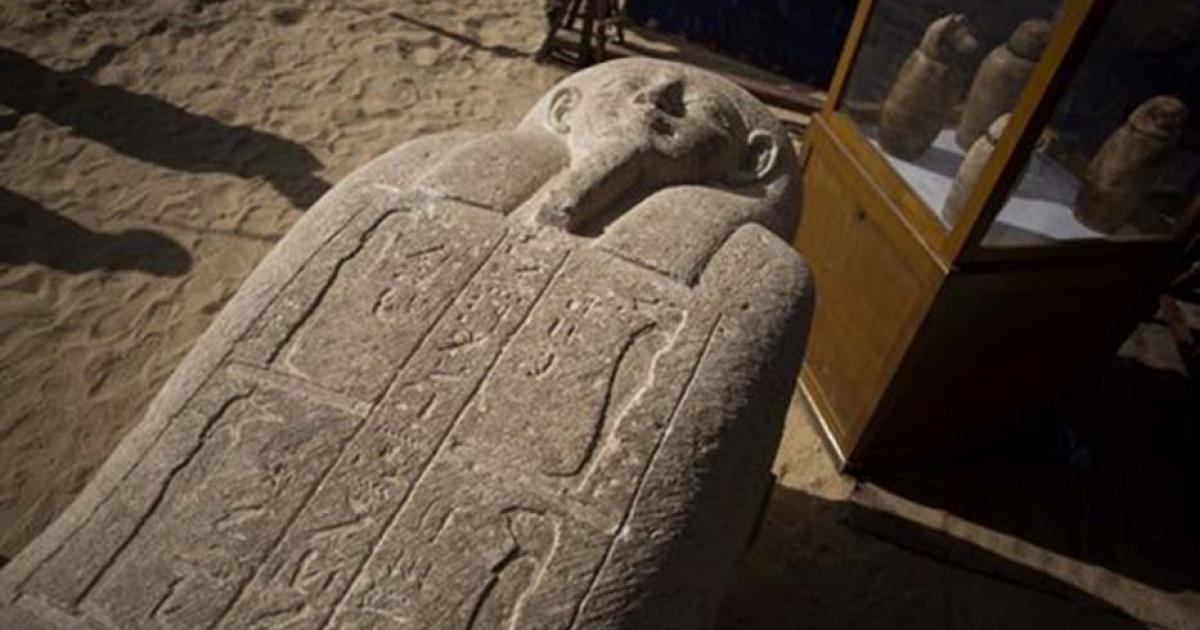 A sarcophagus that was discovered is displayed at the site of an ancient Egyptian cemetery, in Minya province, Egypt, on Feb. 24, 2018. 