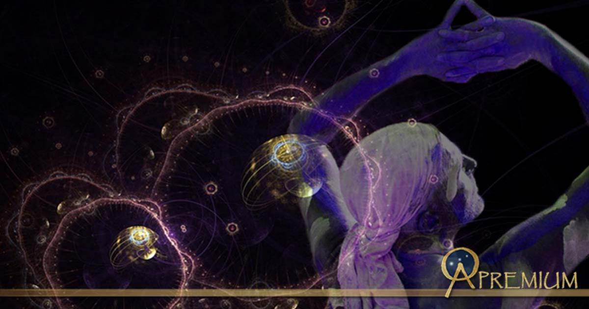 Artistic rendering of Quantum Particles, man performing as a shaman (Public Domain); Deriv.