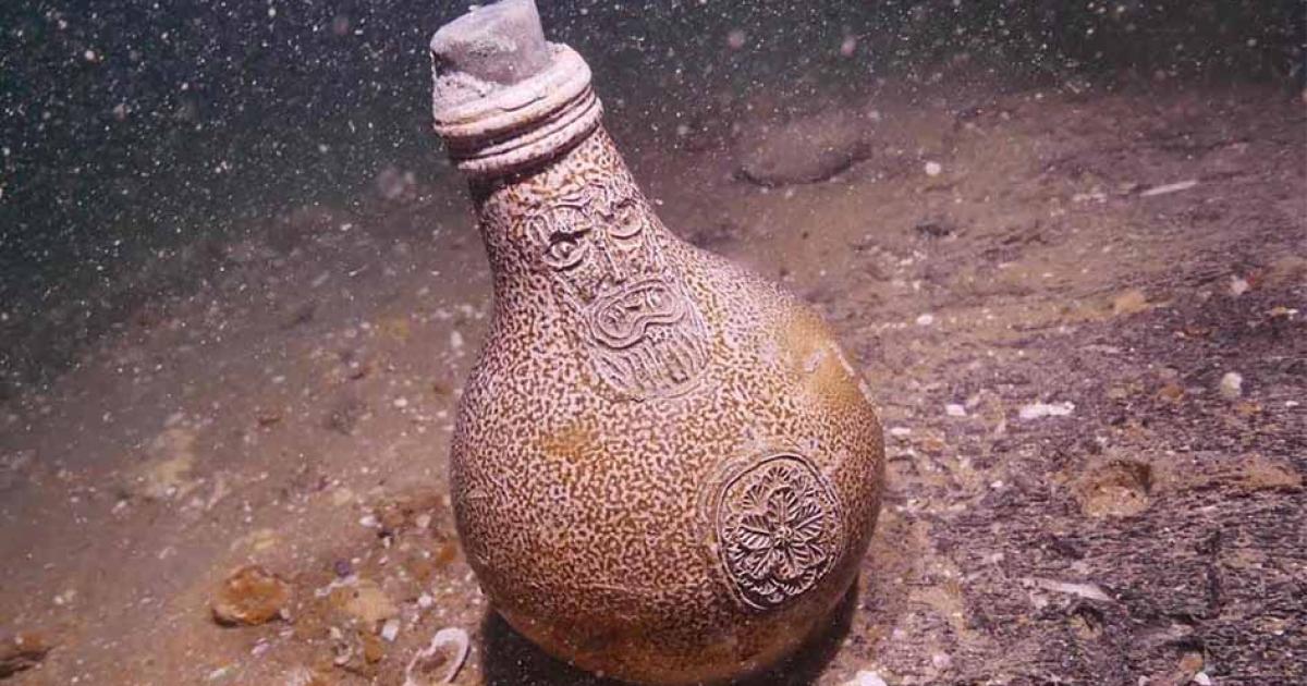 A Bellarmine jug found on the seabed near the wreck of the Dutch warship Klein Hollandia, identified off the coast of Eastbourne, England. Source: © James Clark