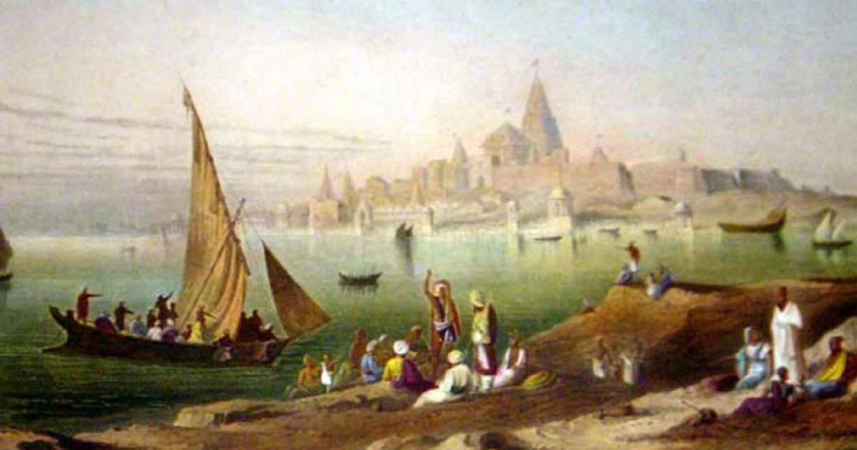 Painting by Grinlay’s (1826-1830) of ‘The sacred town and temples of Dwarka.’ 