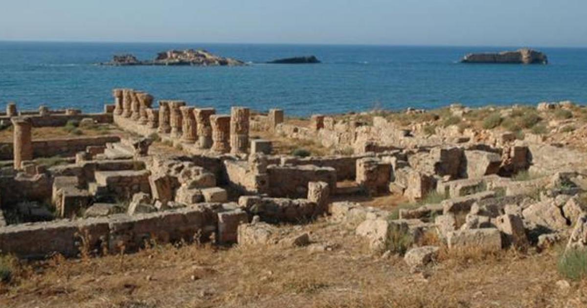 Remains of mole (background) and bath house (foreground) of the ancient harbor town of Apollonia, Libya