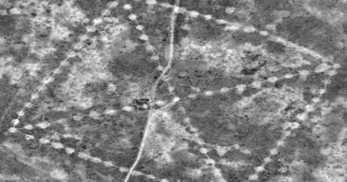 One of the enormous earthwork configurations photographed from space is known as the Ushtogaysky Square, named after the nearest village in Kazakhstan. Credit: Digitalglobe, via NASA
