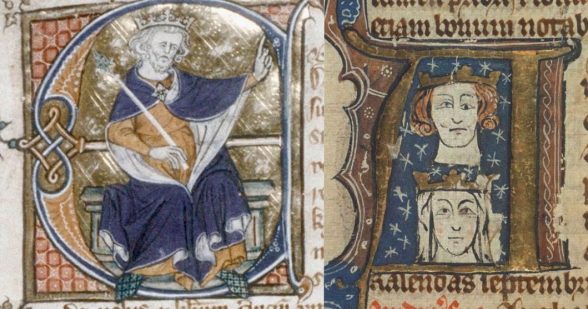 On Left – Early fourteenth-century manuscript showing Edward I. On Right – Early fourteenth-century manuscript showing Edward I and his wife Eleanor