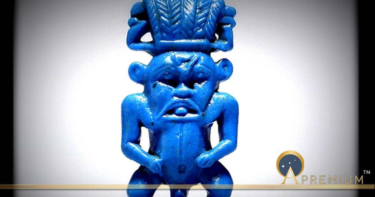 This dwarf-like, protective deity was very popular in ancient Egypt. Bes is represented with the nude body of a dwarf, grotesque facial features, and the ears and mane of a lion. He wears a tall feather-crown and usually rests his hands on his hips. Known from as early as the Middle Kingdom circa 2000 BC.