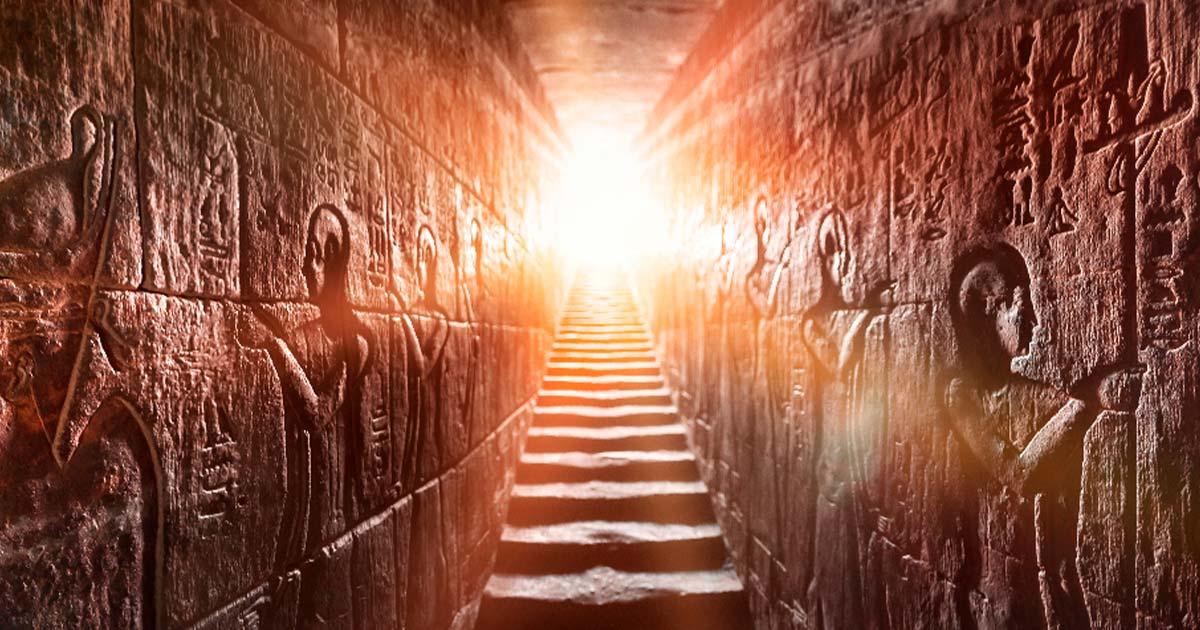 Egypt’s Edfu temple with its passage lined by two glowing walls full of Egyptian hieroglyphs. Source: Konstantin/Adobe Stock	