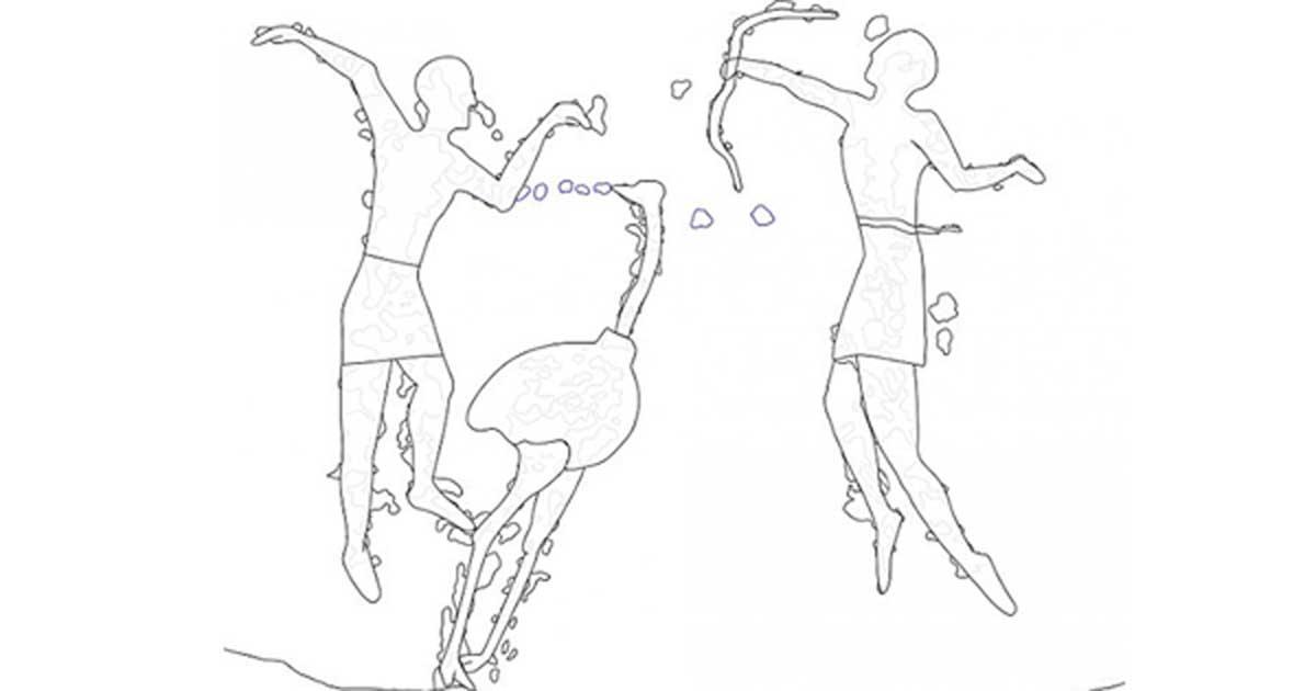 Researchers traced around the edges of the figures to reveal a hunter, a possible shaman (medicine man) and an ostrich, which are still hunted today by San people of Africa. If you look underneath the image, you can see some faint pecking in the rock that clearly show the prehistoric human and ostrich images.
