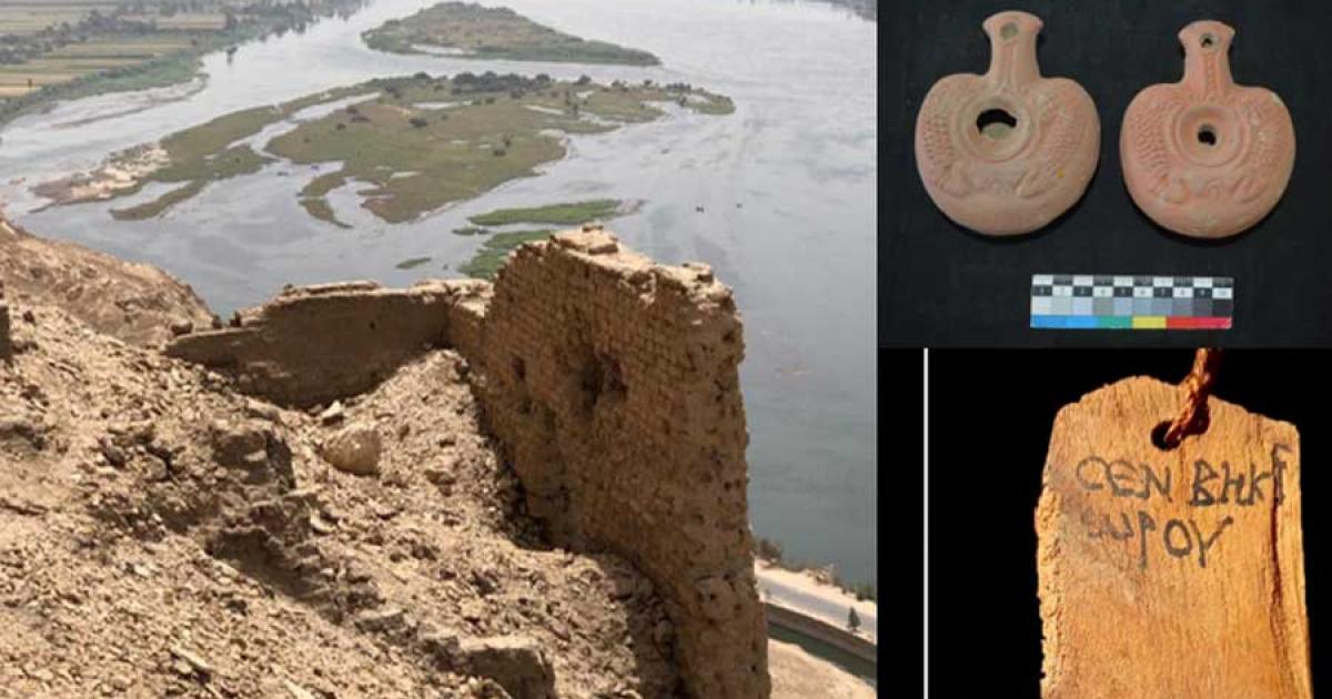 : Left; This sturdy mudbrick tower house overlooking the Nile River, found along with the 85 new Egyptian tombs. Right; Funerary permits for the graves found at the site.		Source: Ministry of Tourism and Antiquities
