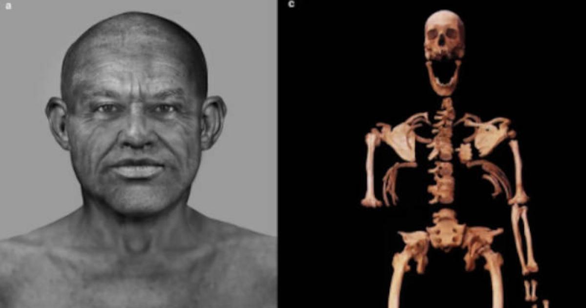 Left, Final facial depiction of the Nuwayrat individual. Right; The Nuwayrat individual’s partially complete skeleton