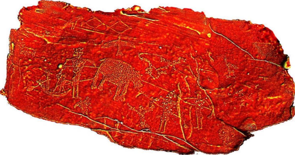 Rock art showing ruler's hippopotamus hunt combined with motif of defeating enemies showing royal dominance.