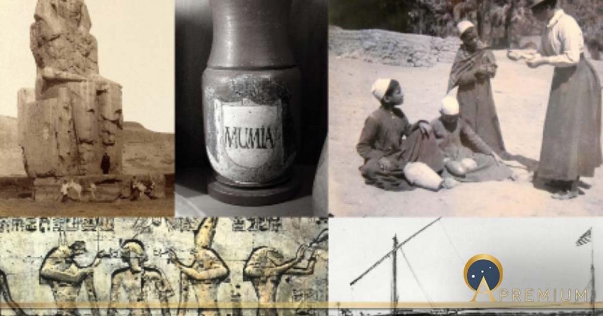 The Colossi of Memnon on the Theban West Bank. Antonio Beato. Brooklyn Museum. (Public Domain); An 18th century apothecary vessel with the inscription MUMIA. Deutsches Apothekenmuseum Heidelberg (Public Domain); Amy, Flinders Petrie's sister-in-law, buying antiquities at Abydos, circa 1899. © The Petrie Museum of Egyptian Archaeology, UCL, London. (Osama Shukir Muhammed Amin / CC BY-SA 4.0); One of the dahabeahs of Thomas Cook & Son, (Egypt) Ltd. Brooklyn Museum Libraries. Wilbour Library of Egyptology. (Ju